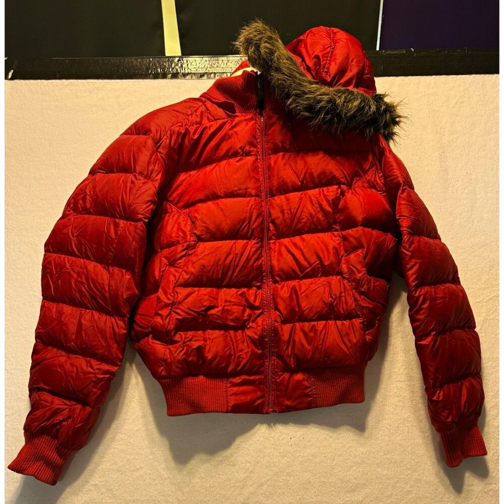 Vintage Polo Jeans Co. Ralph Lauren Red Hooded Down Puffer Jacket Faux Fur S